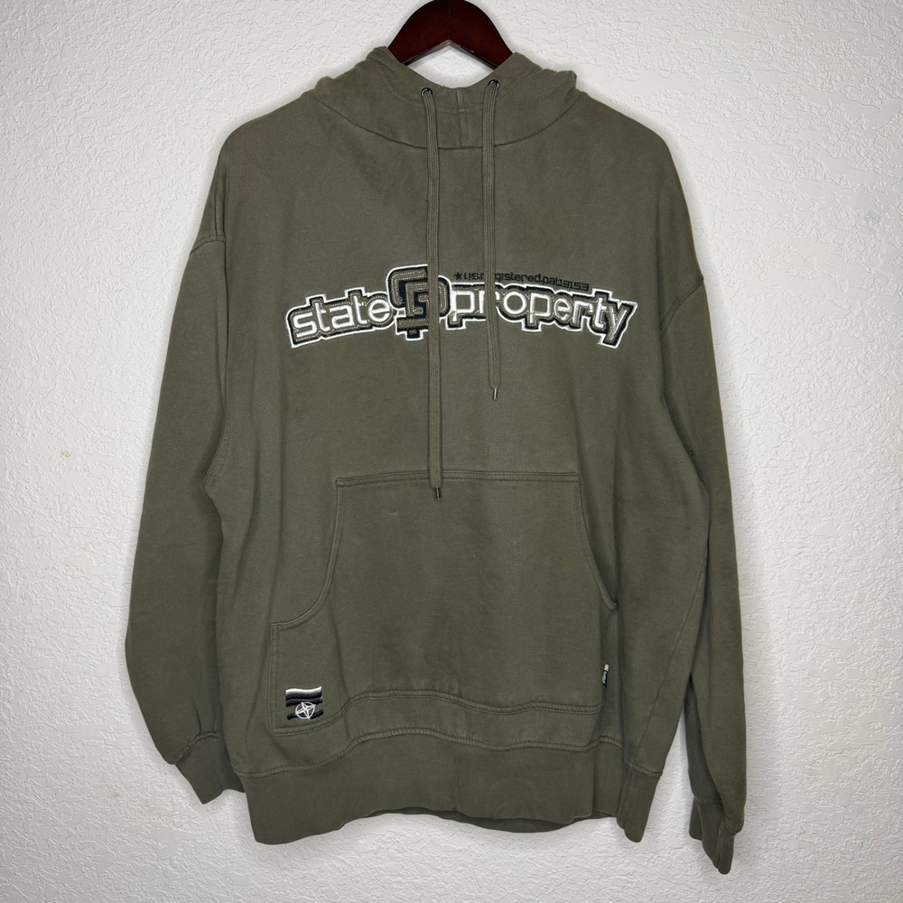 State Property Hoodie Mens XL Olive Green Embroidered Logo Fleece Sweatshirt